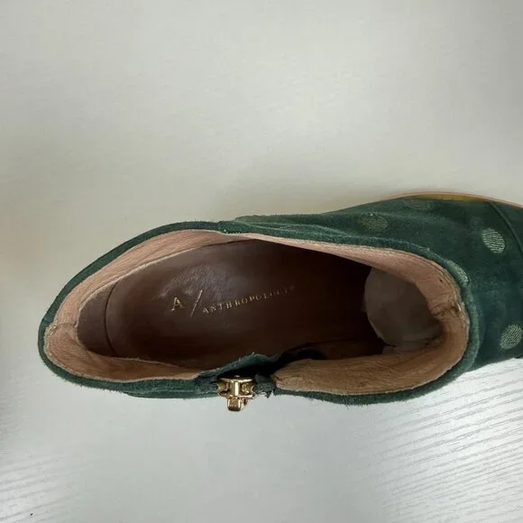 Anthropologie Polka Dot Hunter Green Suede Ankle Boots - Picture 7 of 11